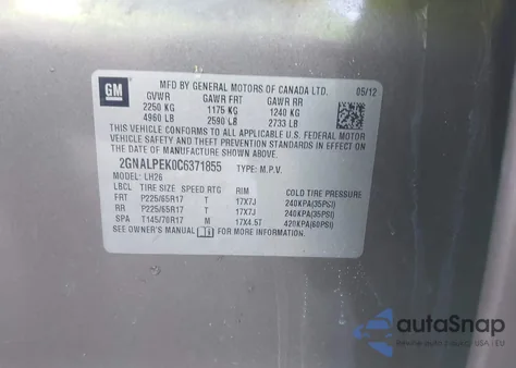 2012 Chevrolet Equinox 2Lt from USA, damaged, VIN 2GNALPEK0C6371855